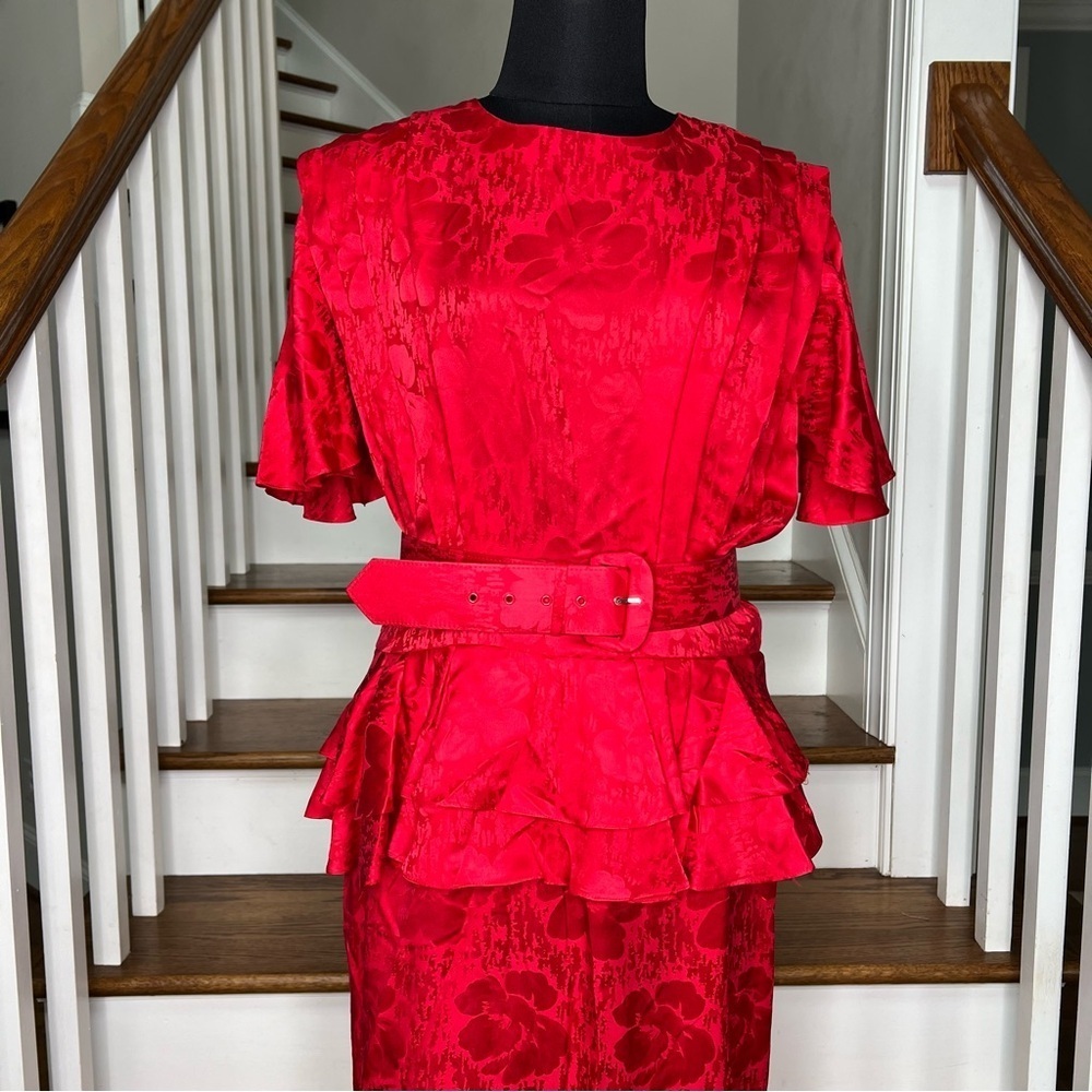 Vintage 80s Red Silk Peplum Dress Midi Belted Cocktail Party Size 12 - Picture 3 of 9